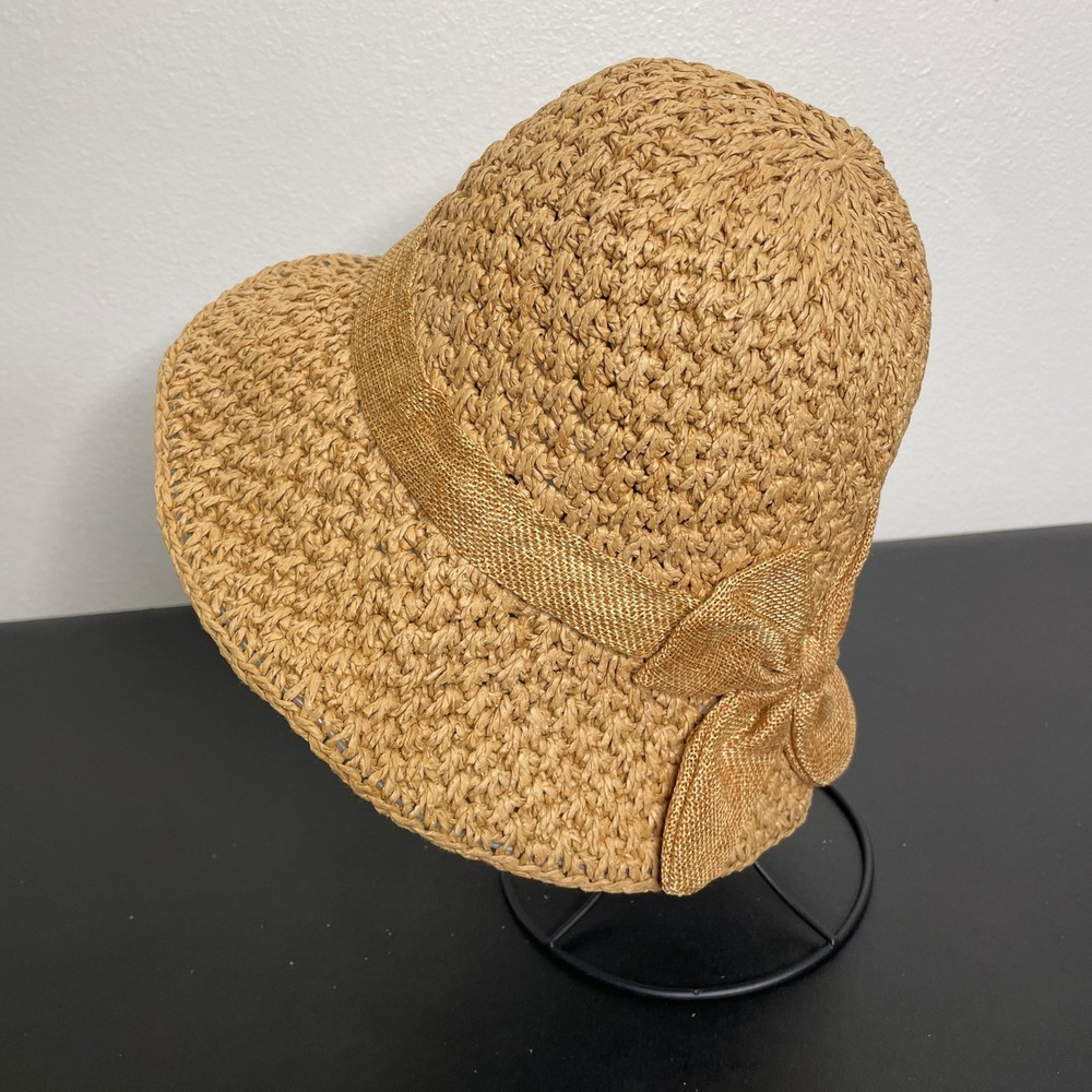 Straw Cloche Hat OS Tan Woven Bow Sun Protection Beach Summer